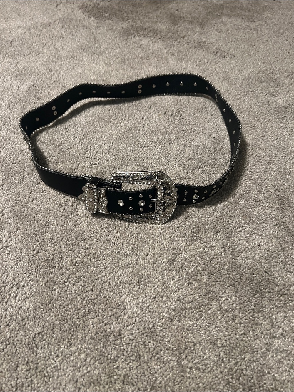 Unisex Rhinestone Cross Western Belt Black Silver Studded 28-36” Y2K